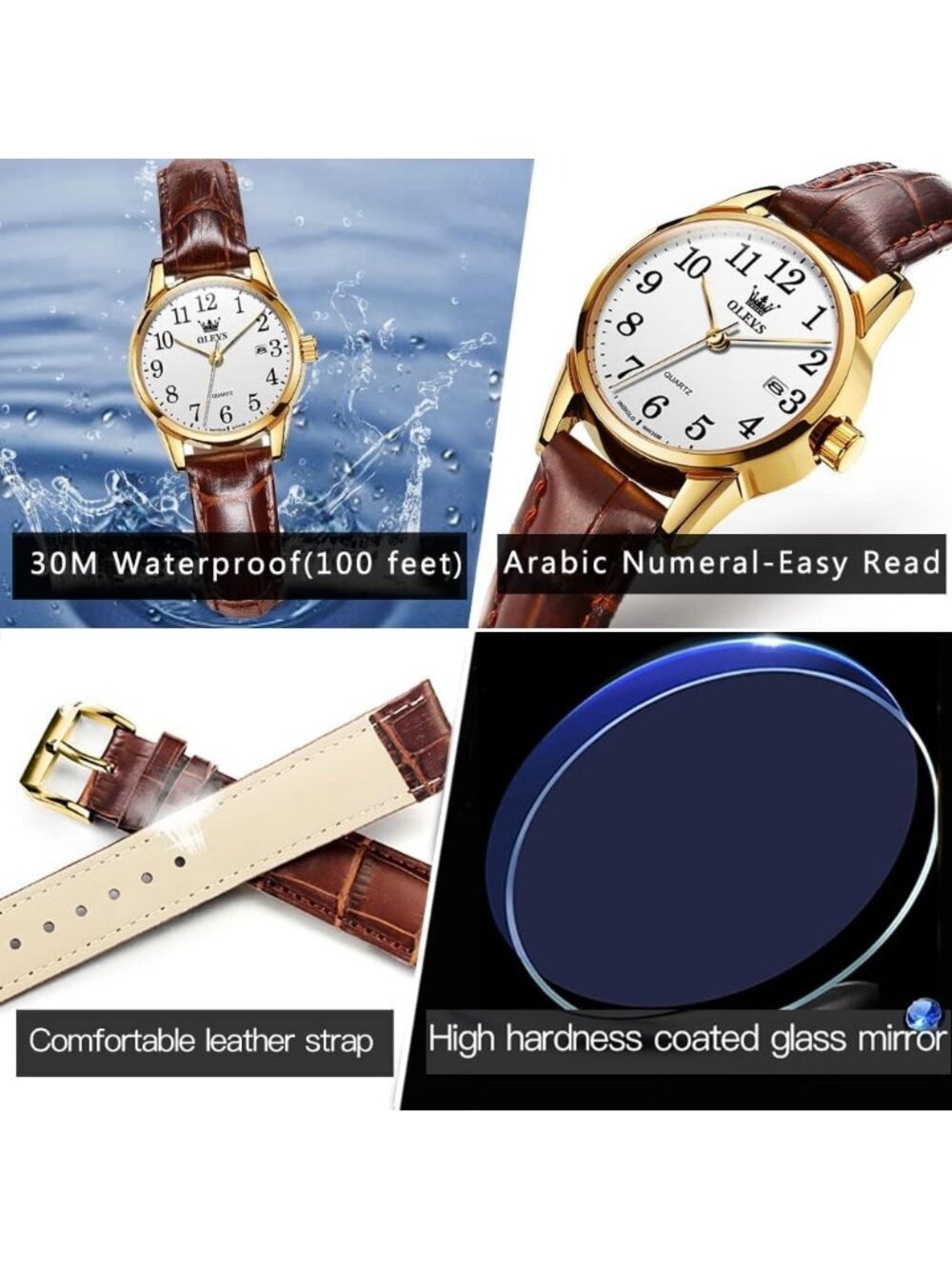 Olevs Women's White Brown Leather Analog Waterproof Reloj Mujer Luxury Watch - Picture 4 of 6